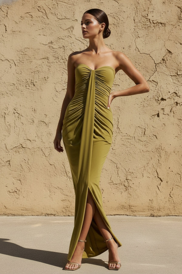 Sweetheart Ruched Wrap Maxi Dress in Olive - SHE IS ME PROM DRESSES