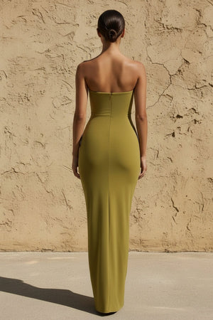 Sweetheart Ruched Wrap Maxi Dress in Olive - SHE IS ME