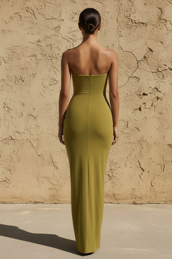 Sweetheart Ruched Wrap Maxi Dress in Olive - SHE IS ME