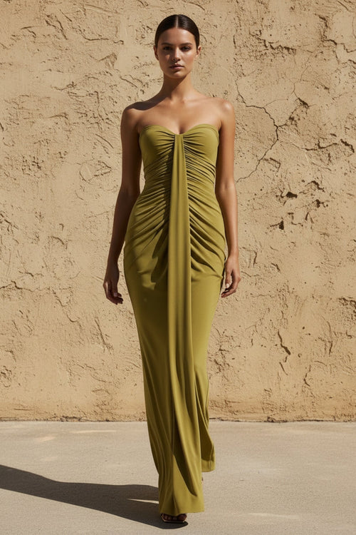 Sweetheart Ruched Wrap Maxi Dress in Olive - SHE IS ME