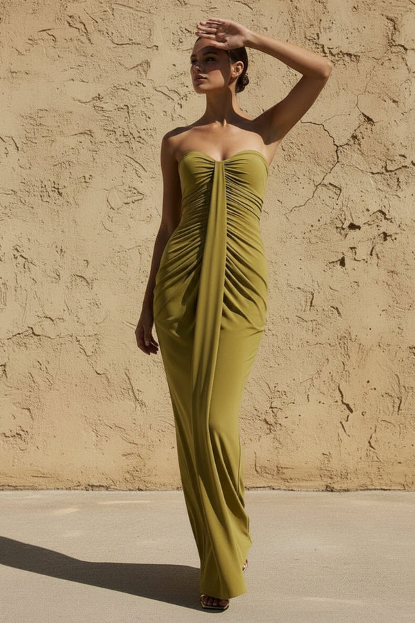 Sweetheart Ruched Wrap Maxi Dress in Olive - SHE IS ME