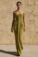 Sweetheart Ruched Wrap Maxi Dress in Olive - SHE IS ME PROM DRESSES