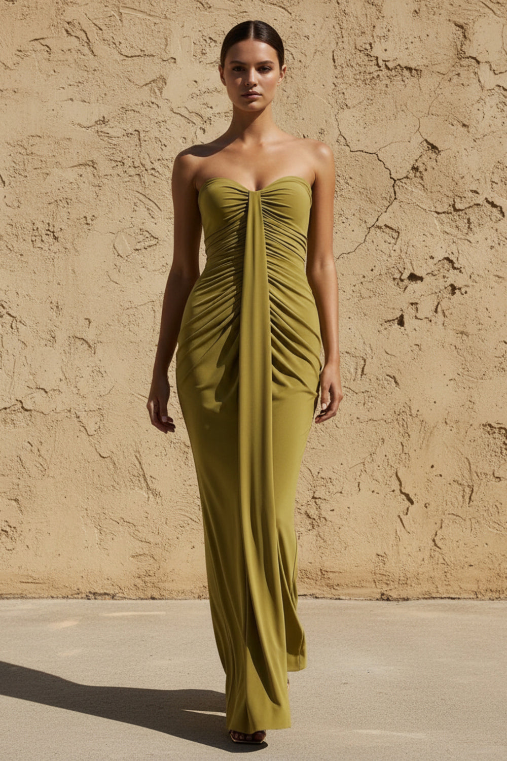 Sheisme-Olive Chiffon Sweetheart Sheath Maxi Evening Formal Dress