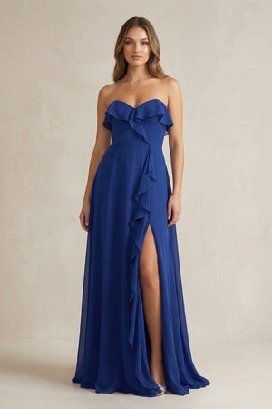 Sweetheart Ruffled A - Line Chiffon Bridesmaid Dress in Royal Blue - SHE IS ME Bridesmaid Dresses