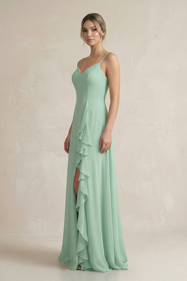 Sweetheart Ruffled A-Line Chiffon Bridesmaid Dress with Slit in Pale Pistachio - SHE IS ME BRIDESMAID DRESSES