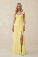 Sweetheart Ruffled Sleeve A - Line Chiffon Bridesmaid Dress in Pastel Yellow - SHE IS ME Bridesmaid Dresses