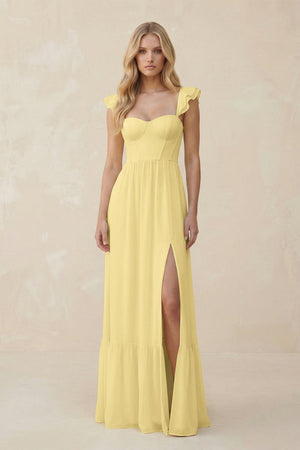 Sweetheart Ruffled Sleeve A - Line Chiffon Bridesmaid Dress in Pastel Yellow - SHE IS ME Bridesmaid Dresses