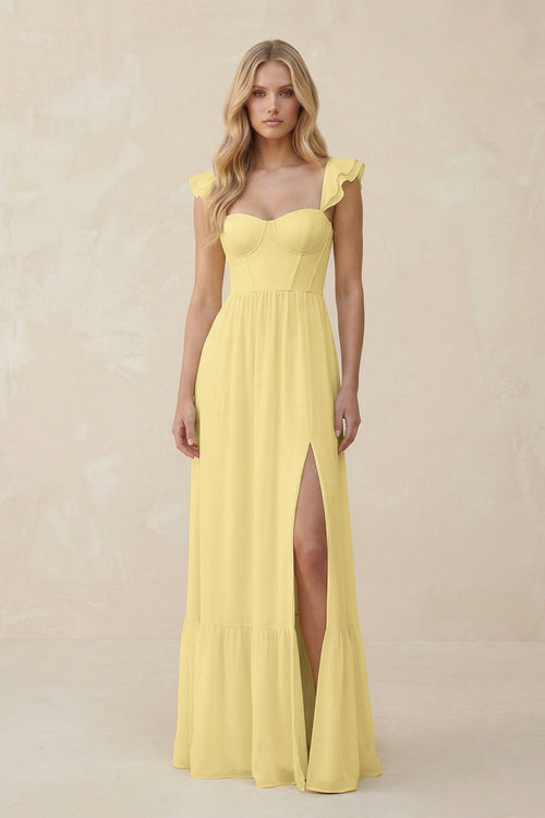 Sweetheart Ruffled Sleeve A - Line Chiffon Bridesmaid Dress in Pastel Yellow - SHE IS ME Bridesmaid Dresses
