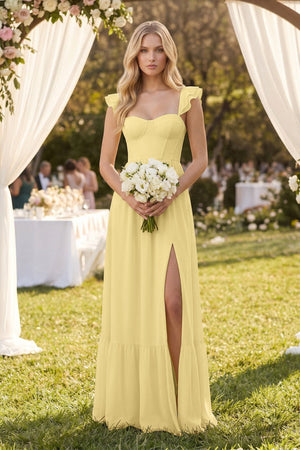 Sweetheart Ruffled Sleeve A - Line Chiffon Bridesmaid Dress in Pastel Yellow - SHE IS ME Bridesmaid Dresses