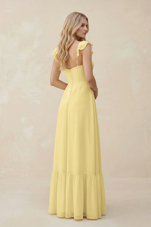 Sweetheart Ruffled Sleeve A - Line Chiffon Bridesmaid Dress in Pastel Yellow - SHE IS ME Bridesmaid Dresses