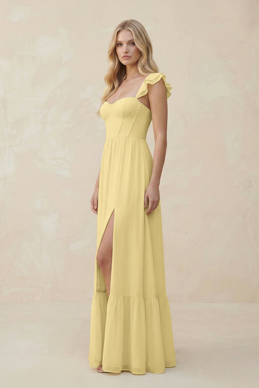 Sweetheart Ruffled Sleeve A - Line Chiffon Bridesmaid Dress in Pastel Yellow - SHE IS ME Bridesmaid Dresses