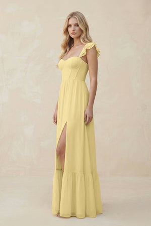 Sweetheart Ruffled Sleeve A - Line Chiffon Bridesmaid Dress in Pastel Yellow - SHE IS ME Bridesmaid Dresses