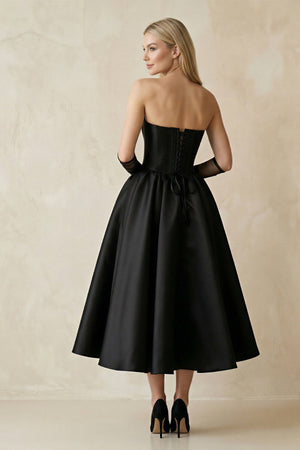 Sweetheart Satin A - Line Midi Wedding Dress With Sleeves in Black - SHE IS ME Wedding Dresses