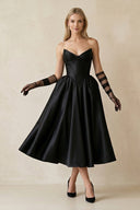 Sweetheart Satin A - Line Midi Wedding Dress With Sleeves in Black - SHE IS ME Wedding Dresses