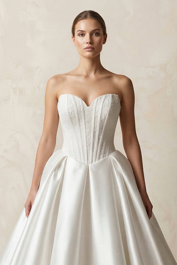 Sweetheart Satin Ball Gown Corset Wedding Dress in White - SHE IS ME Wedding Dresses