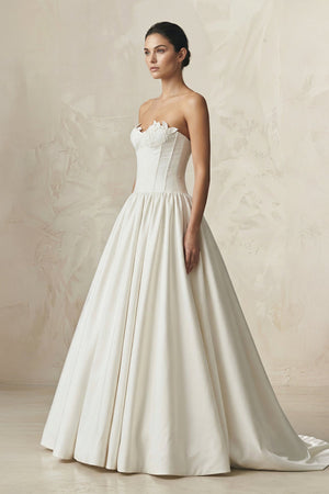 Sweetheart Satin Basque Waist Ball Gown Wedding Dress in Ivory - SHE IS ME Wedding Dresses