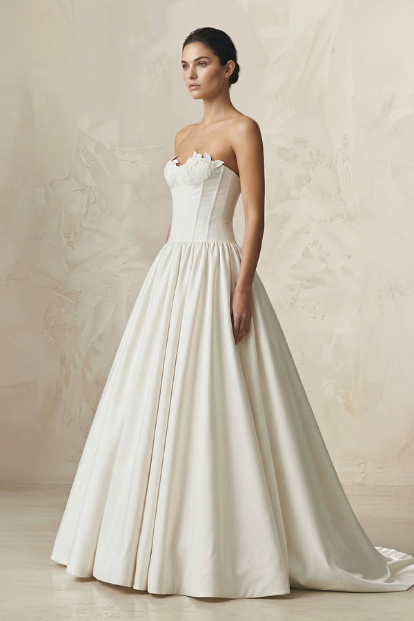 Sweetheart Satin Basque Waist Ball Gown Wedding Dress in Ivory - SHE IS ME Wedding Dresses