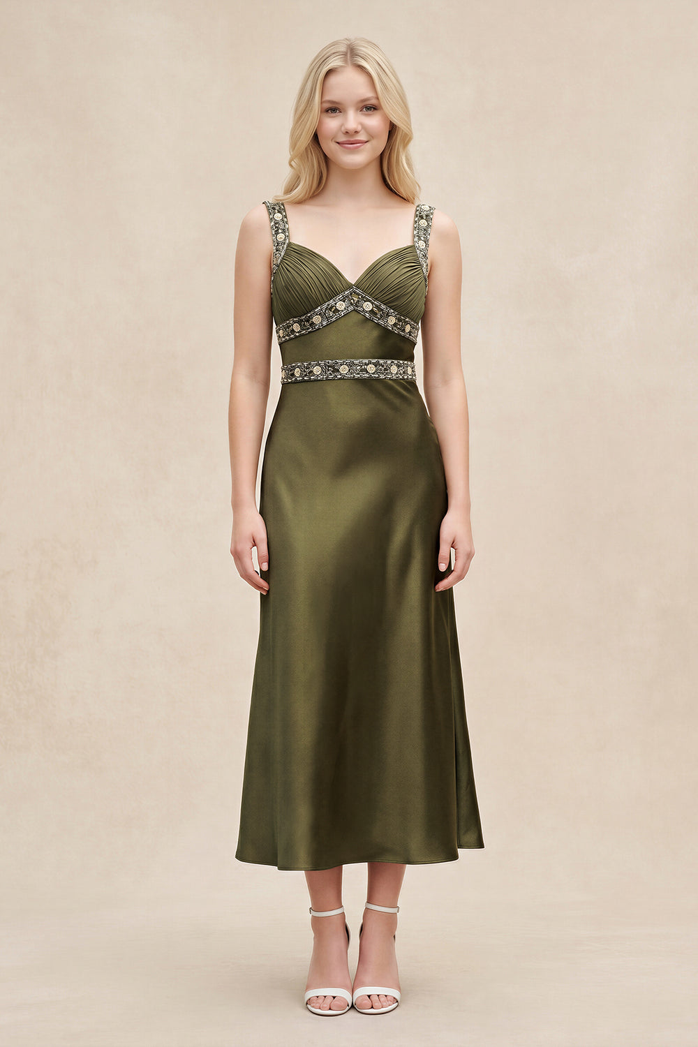 Sweetheart Satin Pleated Sheath Rhinestone Midi Dress in Olive – SHE IS ME Dresses