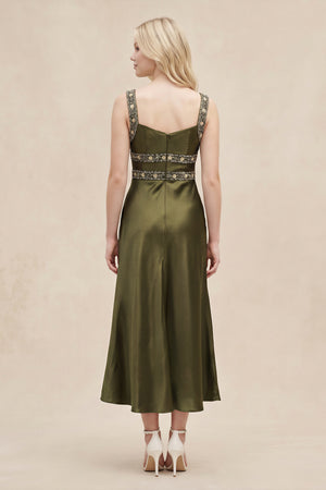 Sweetheart Satin Pleated Sheath Rhinestone Midi Dress in Olive – SHE IS ME Dresses