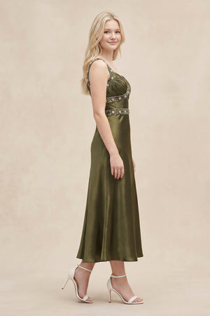 Sweetheart Satin Pleated Sheath Rhinestone Midi Dress in Olive – SHE IS ME Dresses
