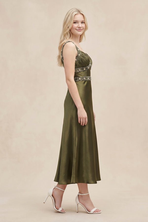 Sweetheart Satin Pleated Sheath Rhinestone Midi Dress in Olive – SHE IS ME Dresses