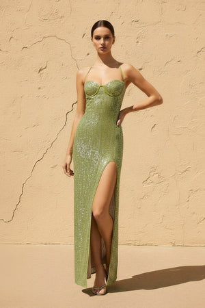 Sheisme-Matcha Sequin Sweetheart Open-Back Sheath Maxi Evening Formal Dress