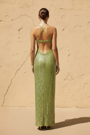 Sheisme-Matcha Sequin Sweetheart Open-Back Sheath Maxi Evening Formal Dress
