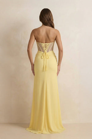 Sweetheart Sheath Pleated Maxi Dress With Slit in Yellow - SHE IS ME PROM DRESSES