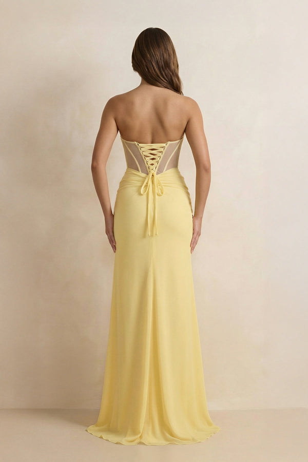 Sweetheart Sheath Pleated Maxi Dress With Slit in Yellow - SHE IS ME PROM DRESSES