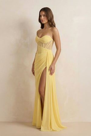 Sweetheart Sheath Pleated Maxi Dress With Slit in Yellow - SHE IS ME PROM DRESSES