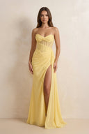 Sweetheart Sheath Pleated Maxi Dress With Slit in Yellow - SHE IS ME PROM DRESSES