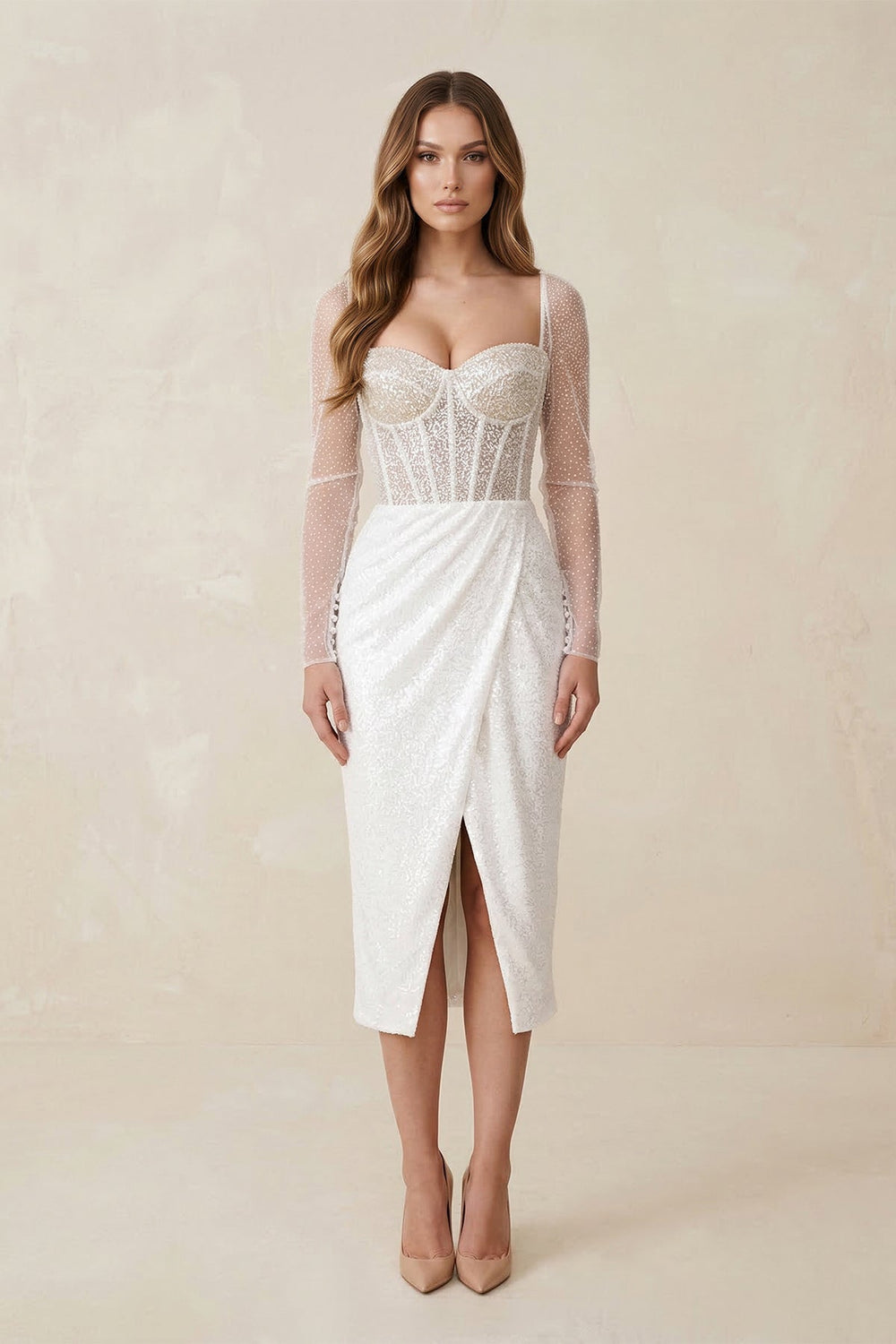 Sweetheart Sheath Ruched Sequined Wedding Dress in White - SHE IS ME Wedding Dresses