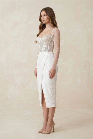 Sweetheart Sheath Ruched Sequined Wedding Dress in White - SHE IS ME Wedding Dresses