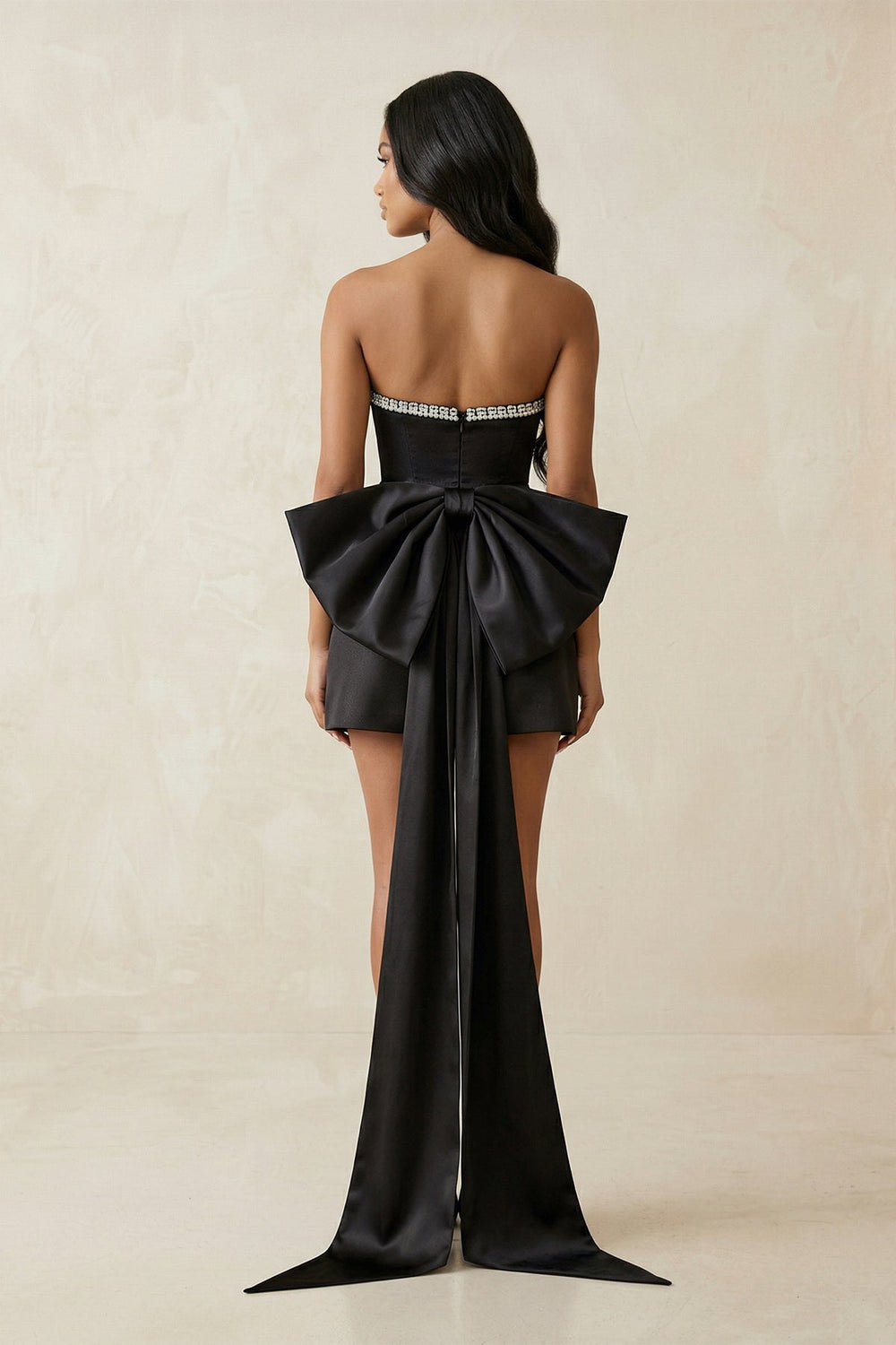 Sweetheart Sheath Satin Beaded Mini Dress With Back Bow in Black - SHE IS ME Wedding Dresses