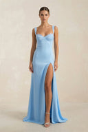 Sweetheart Sheath Satin Long Prom Dress With Slit in Sky Blue - SHE IS ME Prom Dresses
