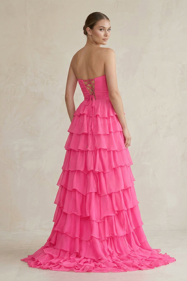 Sweetheart Tiered A - Line Chiffon Long Prom Dress With Bow in Fuchsia - SHE IS ME Prom Dresses
