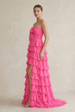 Sweetheart Tiered A - Line Chiffon Long Prom Dress With Bow in Fuchsia - SHE IS ME Prom Dresses