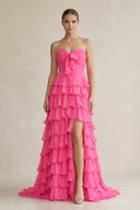 Sweetheart Tiered A - Line Chiffon Long Prom Dress With Bow in Fuchsia - SHE IS ME Prom Dresses