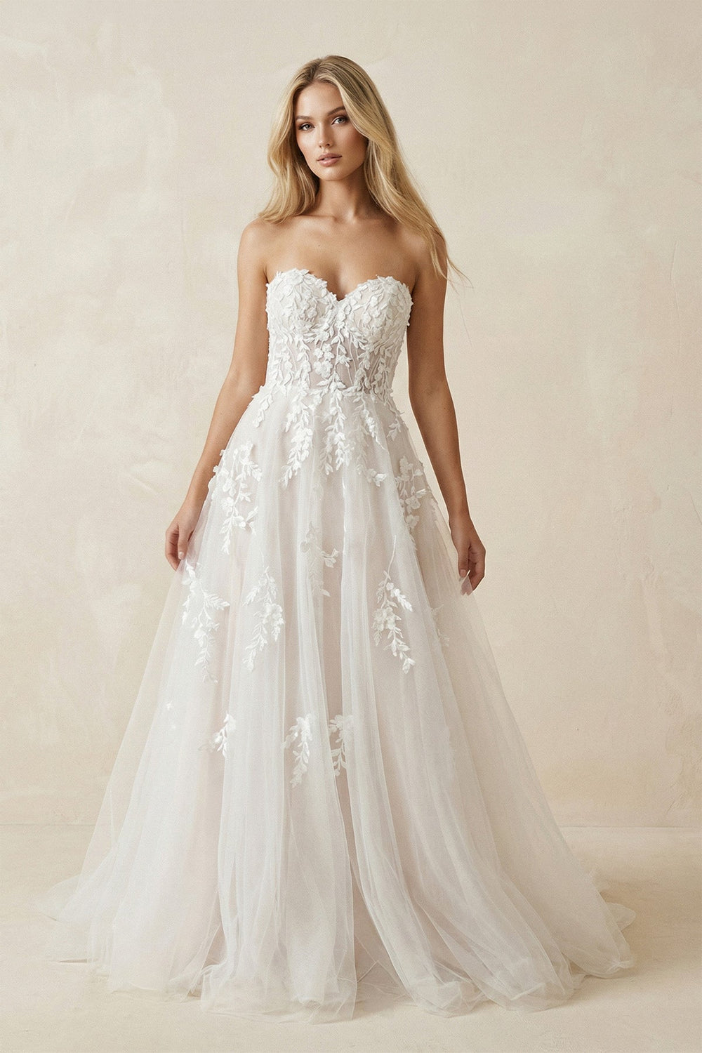 Sweetheart Tulle A - Line Appliqued Wedding Dress in Ivory - SHE IS ME Wedding Dresses