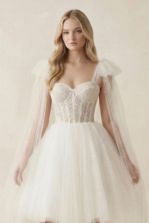 Sweetheart Tulle A - Line Midi Wedding Dress with Watteau Train in Ivory - SHE IS ME Wedding Dresses
