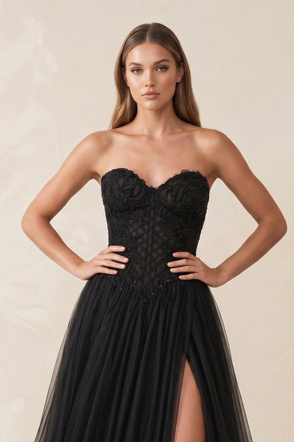 Sweetheart Tulle A - Line Wedding Dress with Slit in Black - SHE IS ME Wedding Dresses