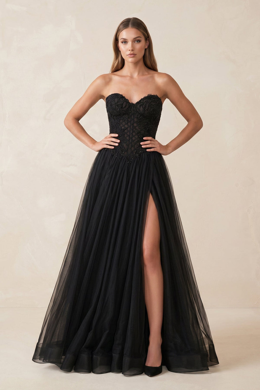Sweetheart Tulle A - Line Wedding Dress with Slit in Black - SHE IS ME Wedding Dresses