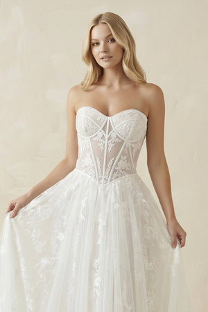 Sweetheart Tulle Appliqued A - Line Corset Wedding Dress in White - SHE IS ME Wedding Dresses