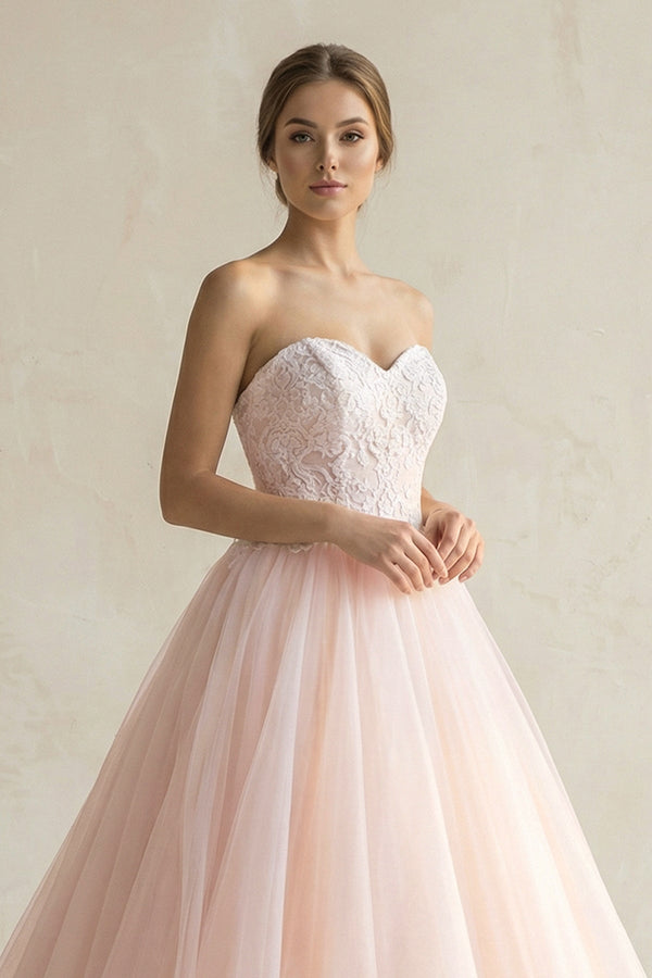 Sweetheart Tulle Ball Gown Appliqued Wedding Dress in Pink - SHE IS ME Wedding Dresses