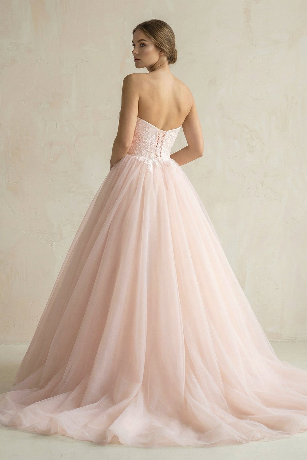 Sweetheart Tulle Ball Gown Appliqued Wedding Dress in Pink - SHE IS ME Wedding Dresses