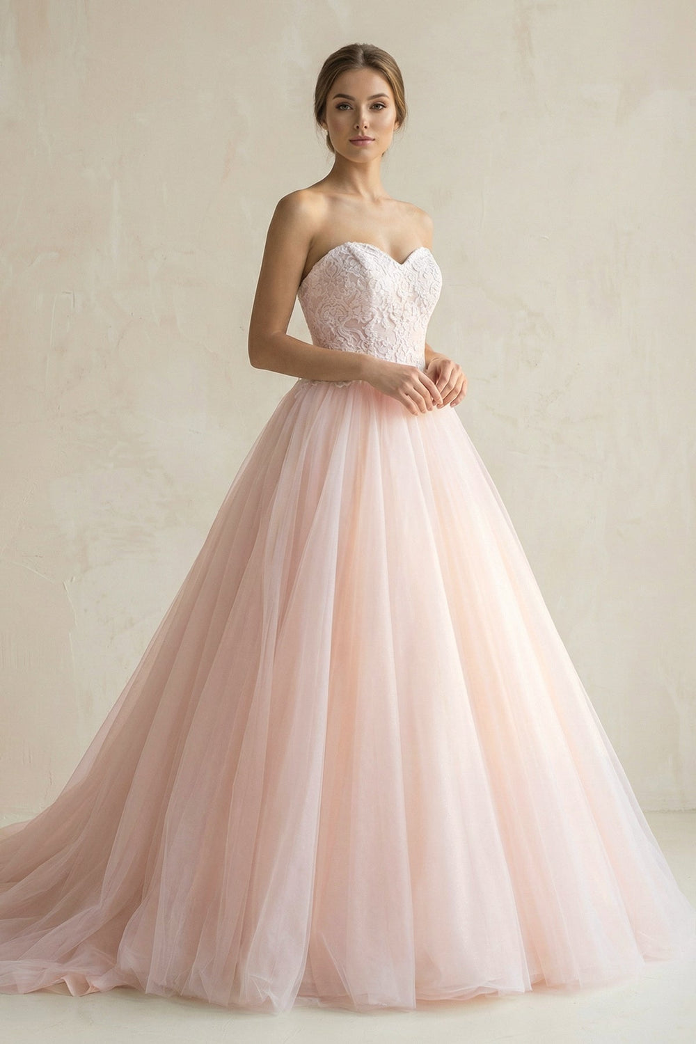 Sweetheart Tulle Ball Gown Appliqued Wedding Dress in Pink - SHE IS ME Wedding Dresses