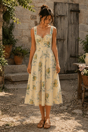 Sweetheart Vintage Rose Printed Cotton Midi Dress in Yellow - SHE IS ME Dresses