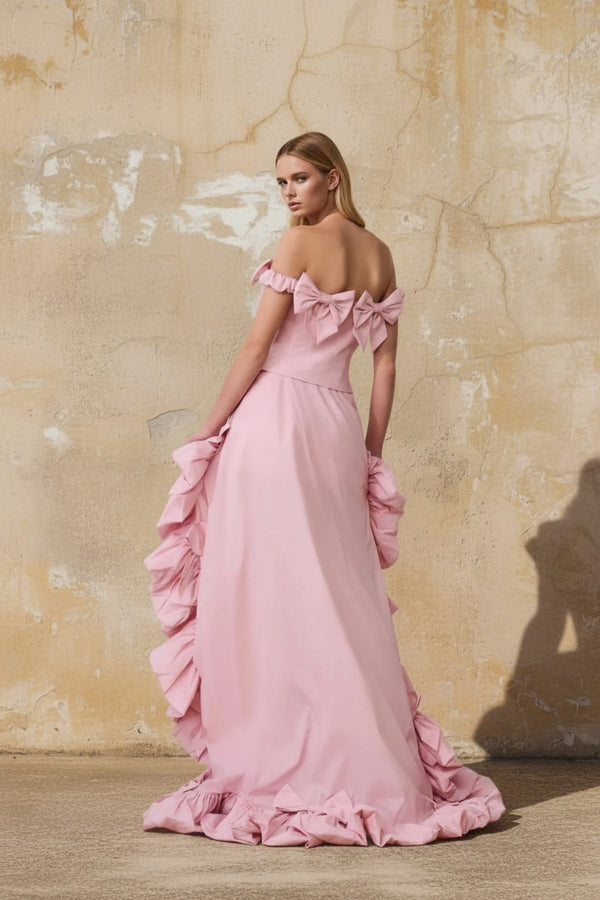 Sheisme-Pink Taffeta Off-Shoulder High-Low Maxi Evening Formal Dress