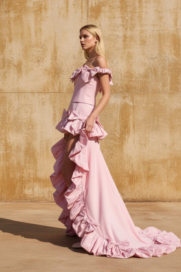 Sheisme-Pink Taffeta Off-Shoulder High-Low Maxi Evening Formal Dress