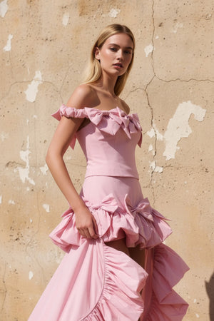 Sheisme-Pink Taffeta Off-Shoulder High-Low Maxi Evening Formal Dress